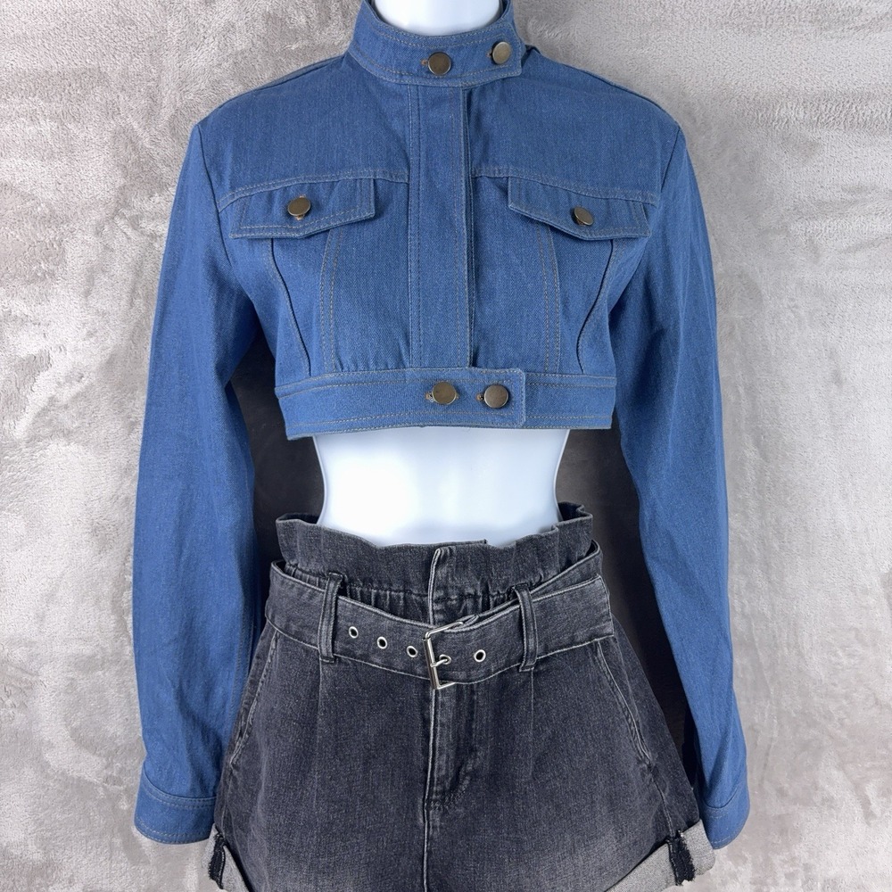AYA MUSE Pilla Cropped Denim Jacket Womens Size XS‎ Blue Mock Neck Trucker